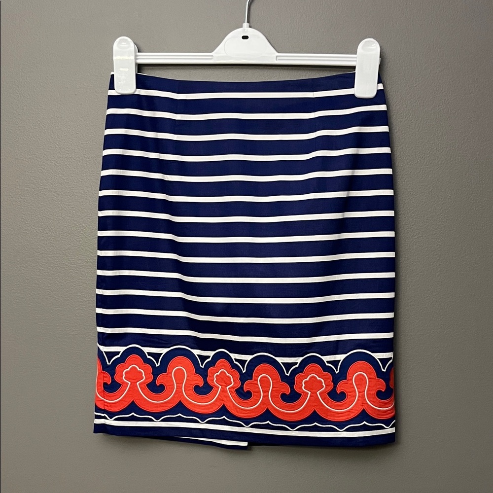 Vineyard Vines Navy and Coral Striped Border Print Pencil Skirt - Size 2